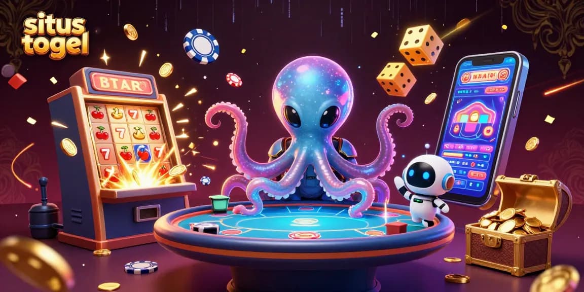Engage with situs togel in a dynamic casino setting featuring an alien octopus and a tiny robot, surrounded by slot machines and poker elements.