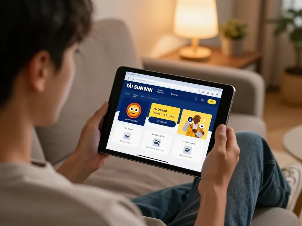 TẢI SUNWIN app on tablet, promoting responsible online gambling in a cozy home setting