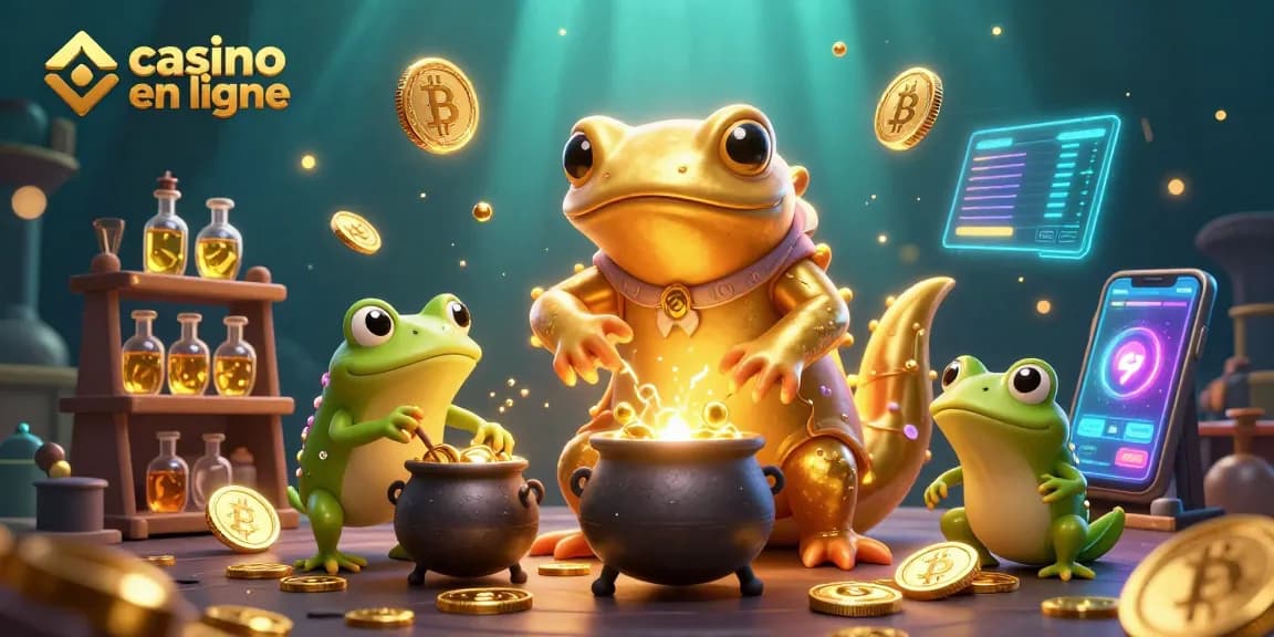 Jouer aux jeux de casino en ligne avec des personnages fantastiques dans un laboratoire alchimique rempli de pièces d'or.