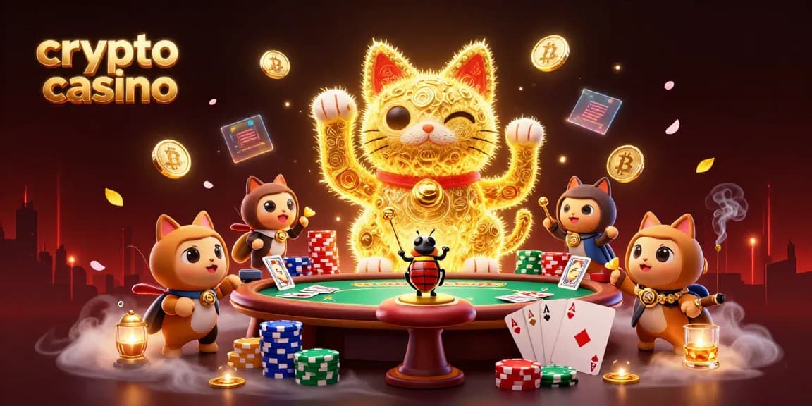 Une illustration de casino crypto captivante illustrant des feu follets dorés formant un chat porte-bonheur.
