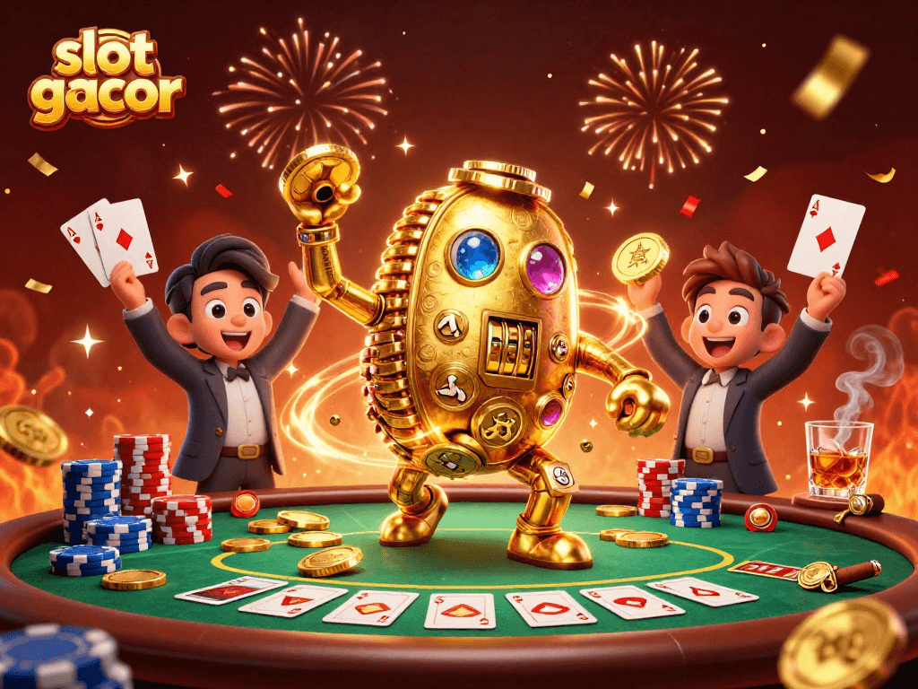 Bermain slot gacor dengan golem emas yang dikelilingi chip poker dan simbol mesin slot.