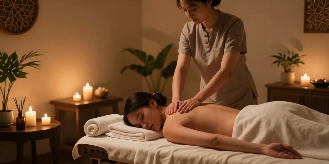 마사지 치료실에서 스웨디시 마사지 받고 있는 고객과 테라피스트의 모습
