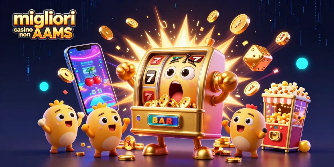 Migliori casino non AAMS: emozionante slot machine che colpisce il jackpot circondata da premi e confetti