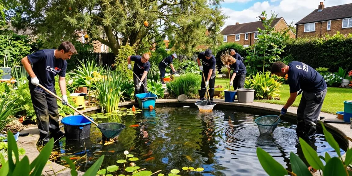 Pond Clean London professionals cleaning a large garden pond in a vibrant outdoor setting.