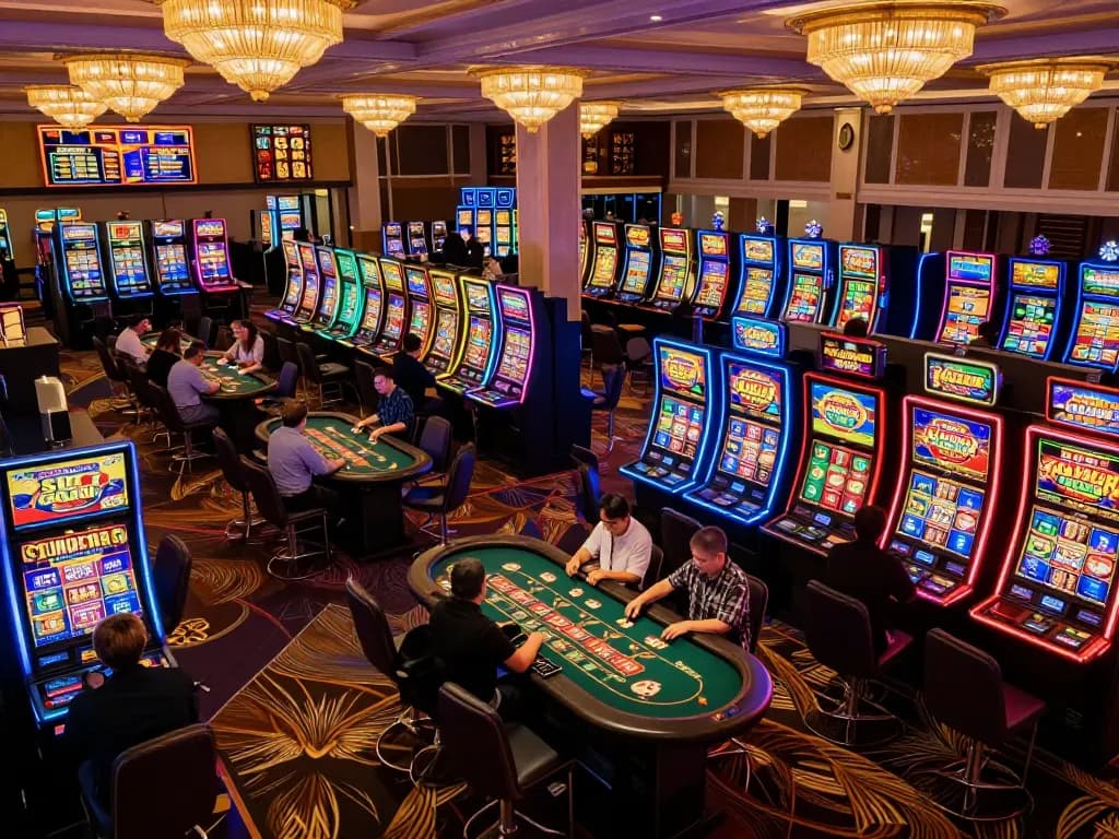 SLOT GACOR active gameplay in a vibrant casino, players engaged with colorful slot machines