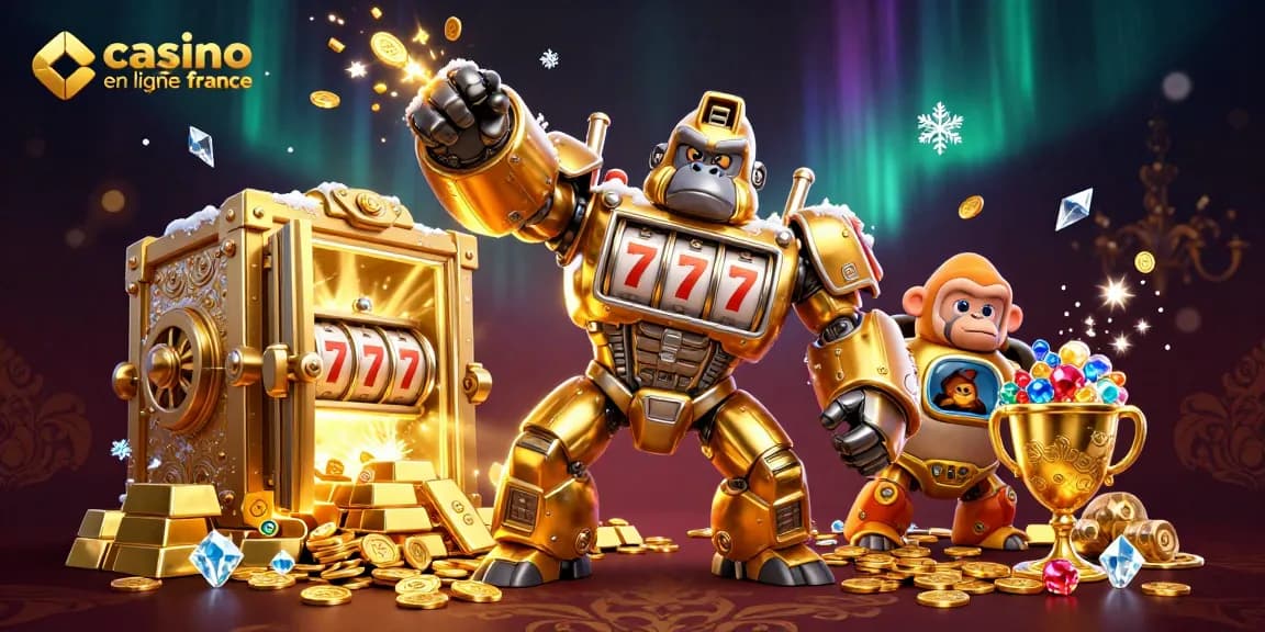 Illustration d'un gorille mech doré représentant le casino en ligne France, avec des éléments de jeu scintillants.