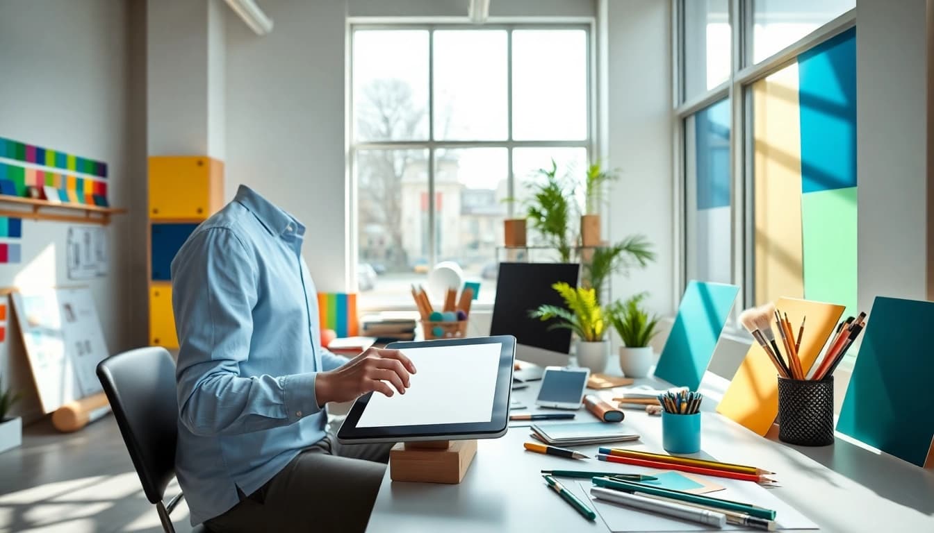 Brightet design workspace showcasing a creative designer with vibrant tools and colors.