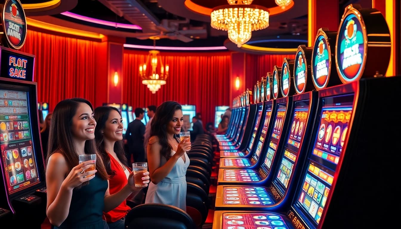 Para pemain menikmati permainan Slot Depo 5k di mesin slot kasino mewah dengan lampu berwarna-warni.