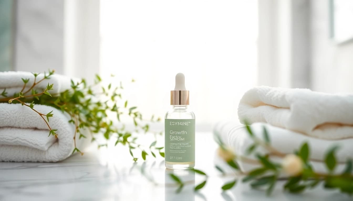 Applying growth factor serum on glowing skin, showcasing rejuvenating properties and hydration.