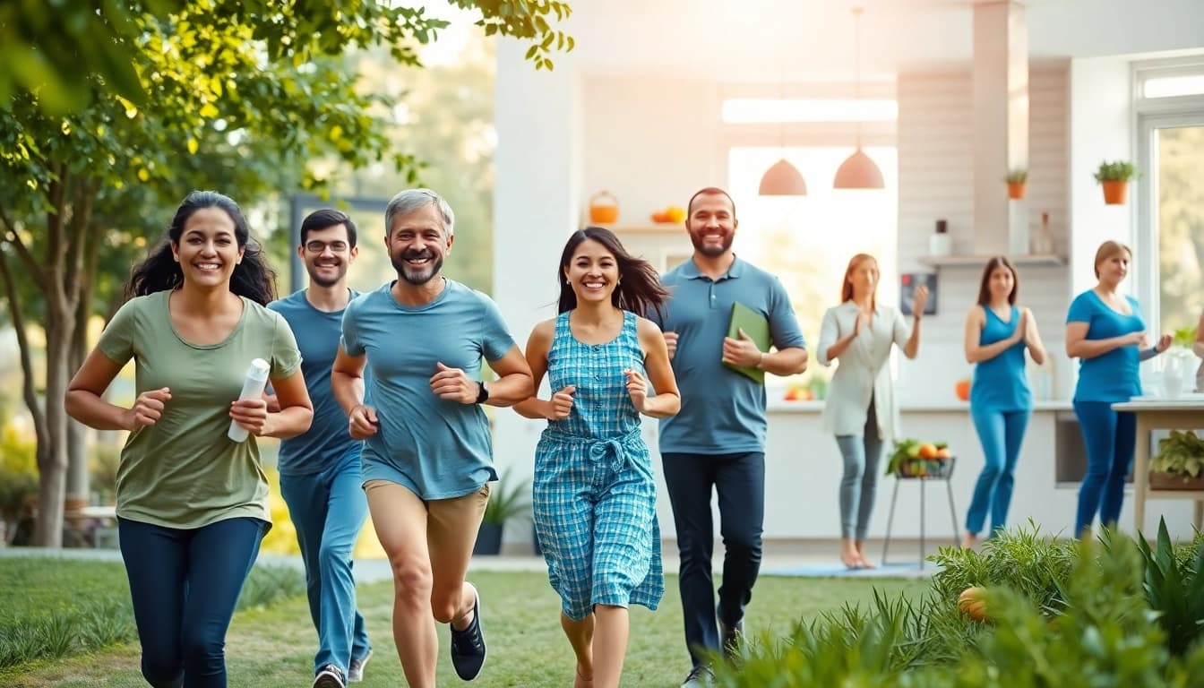 Health-focused scene showcasing a diverse group engaged in fitness and nutrition activities.