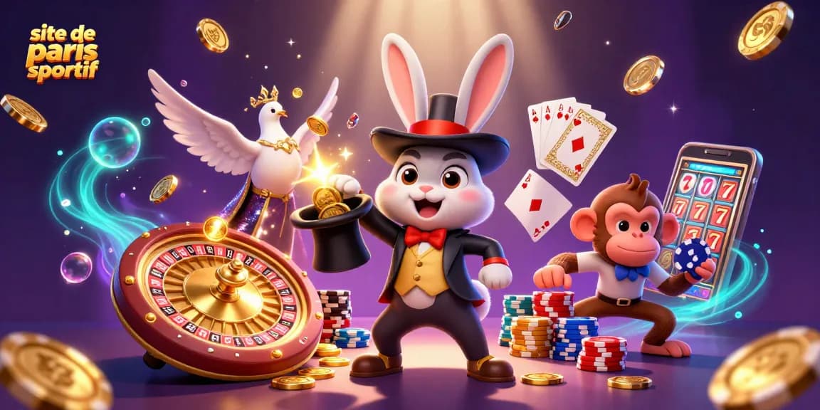 Site de paris sportif illustrant un magicien et des personnages variés dans un univers ludique de jeux d'argent.