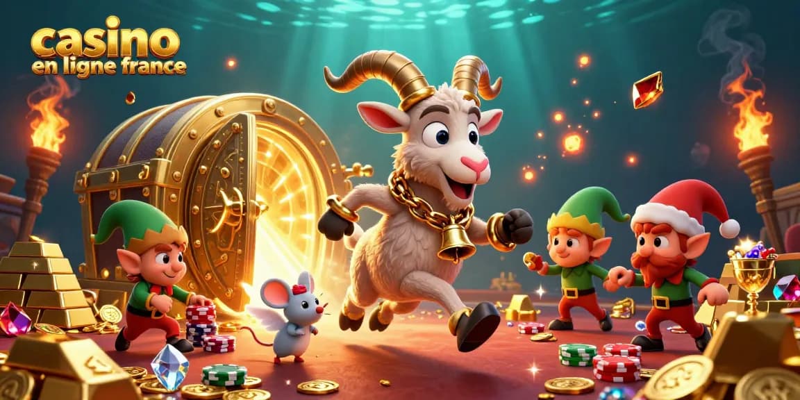 Casino en ligne France : un Krampus malicieux et des elfes jouent au casino, entourés de trésors dorés.