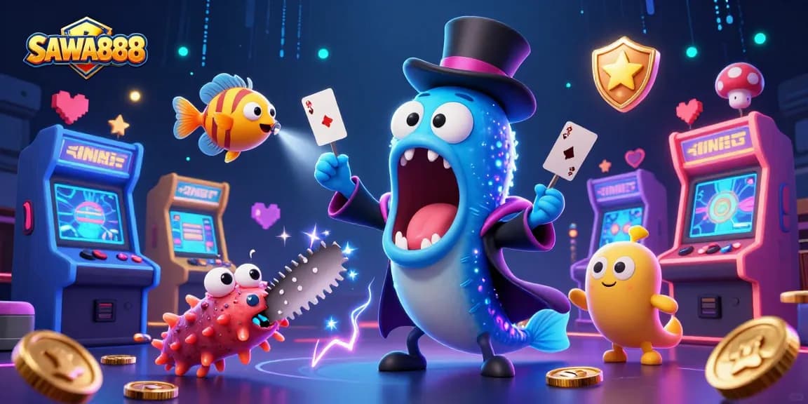 Engage with SAWA888 in this vibrant 3D casino scene featuring playful characters and gaming excitement.
