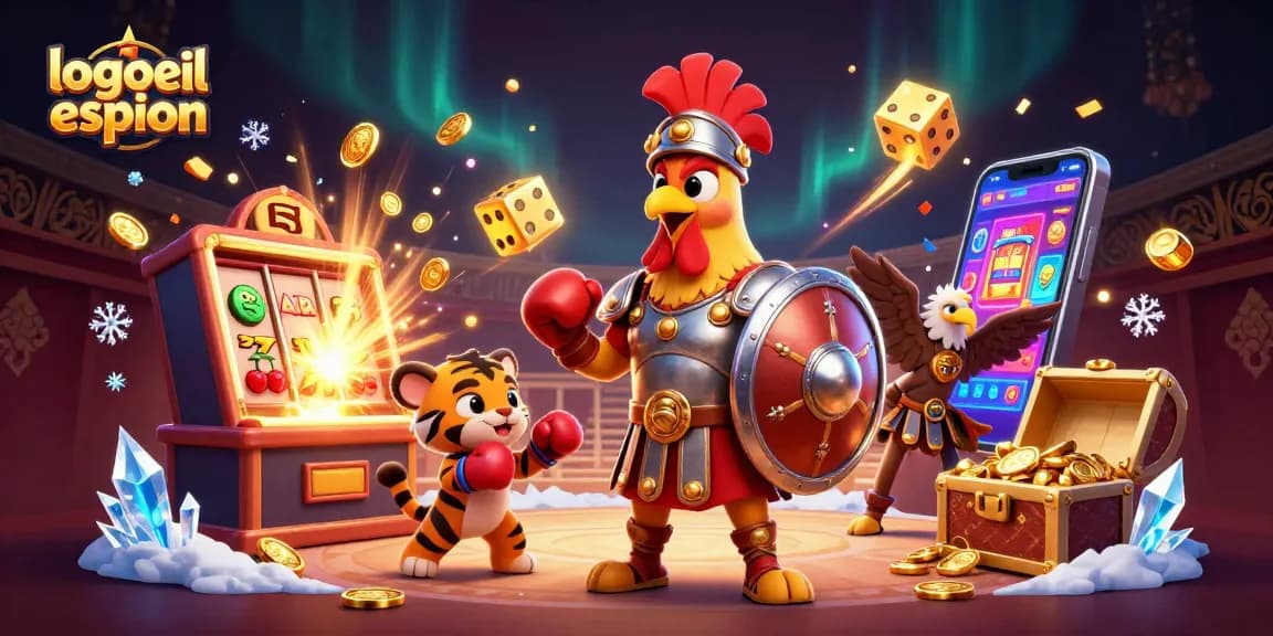 Plongez dans l'univers du logiciel espion avec cette illustration dynamique, présentant un combat de coqs entouré de machines à sous et d'argent.
