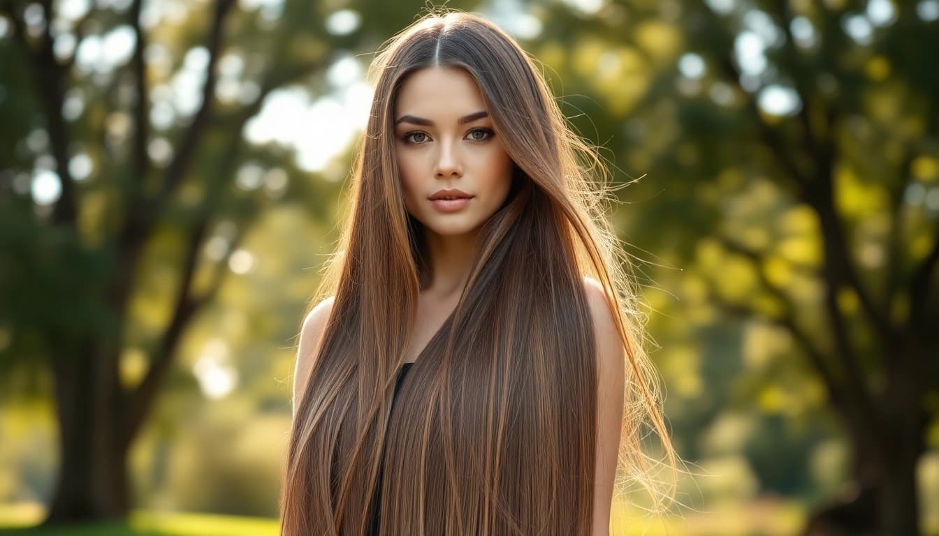 Model wearing invisi edge clip in hair extensions, showcasing natural flow and blend in a serene outdoor setting.