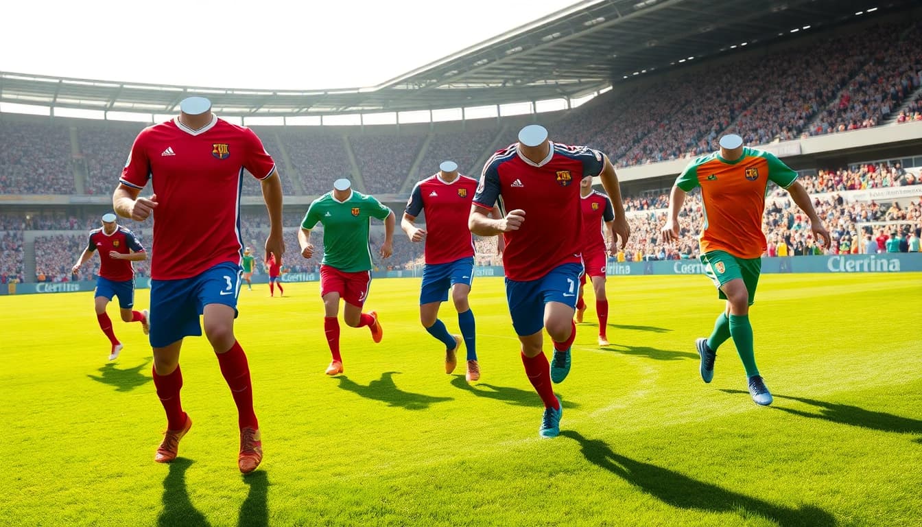 Showcasing vibrant football kits worn by players in action during an exciting match