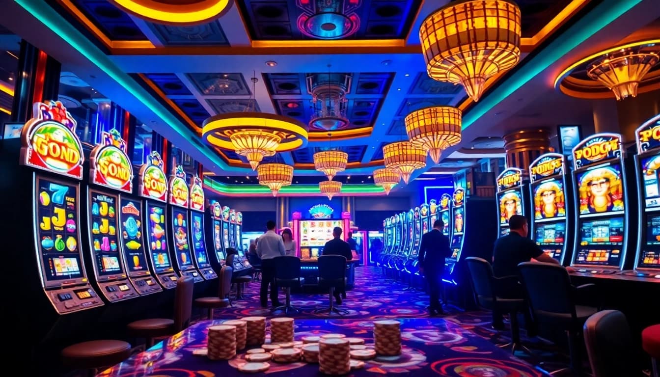 Engaging in thrilling judi slot action at a vibrant casino with colorful machines.