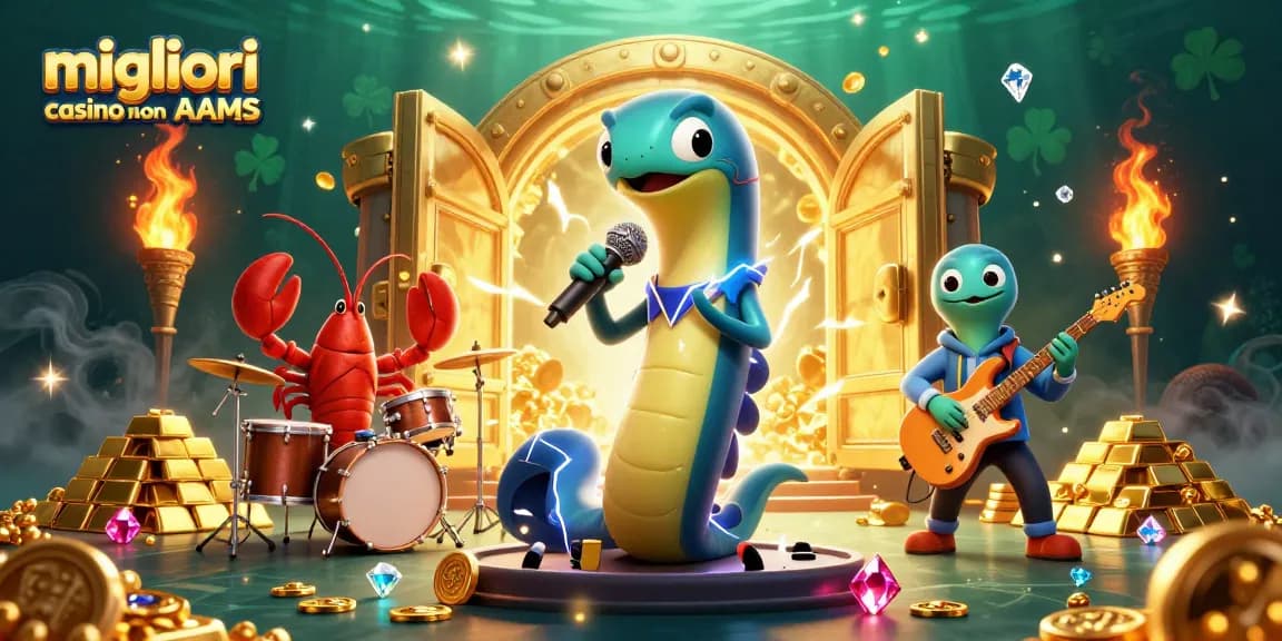 Scopri i migliori casino non AAMS con luci e gemme in un'illustrazione vivace di un DJ subacqueo e band.