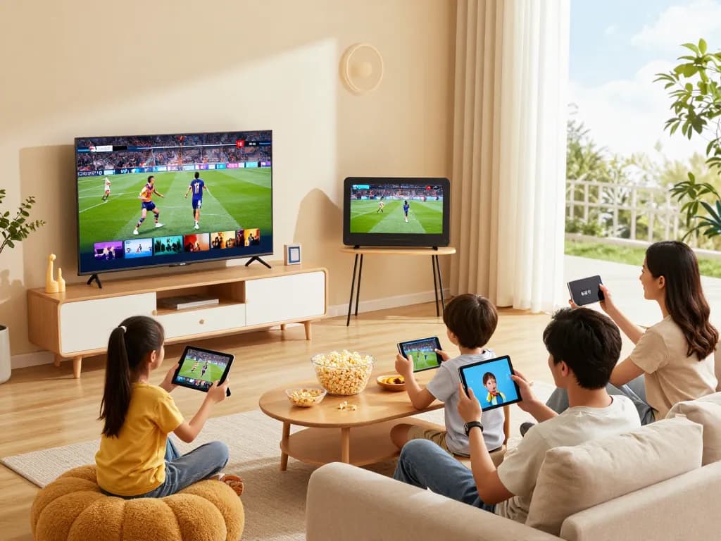 Gezin dat samen IPTV TV kijkt op verschillende apparaten in een gezellige woonkamer