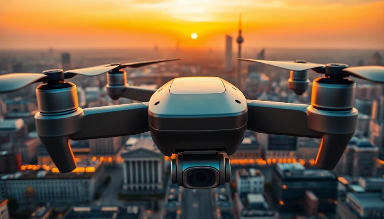 Drohnenvideos Berlin von einem Drohnenflug über die Berliner Skyline bei Sonnenuntergang.
