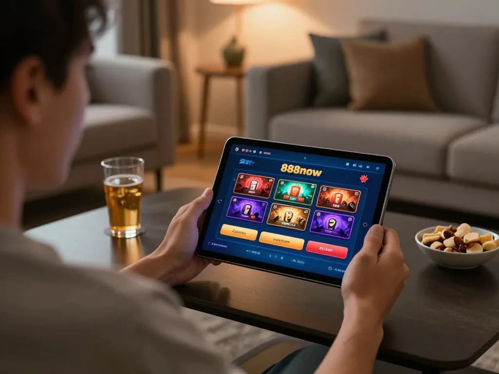 Engaging with 888now đăng nhập in a cozy home atmosphere while using the tablet for online gambling.