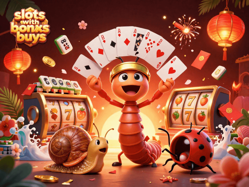Engage in thrilling slots with bonus buys amid a vibrant casino scene featuring cartoon characters and festive elements.