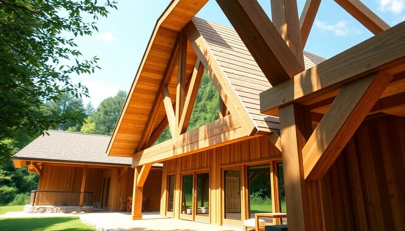 Timber frame solutions displayed in a picturesque countryside setting showcasing craftsmanship.