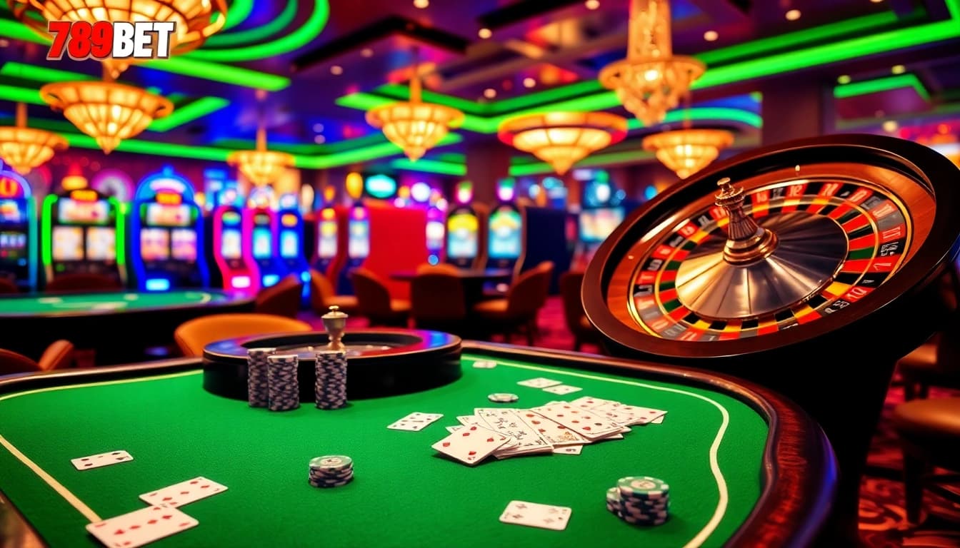 Players enjoying thrilling games at 789BET casino with vibrant tables and slot machines.