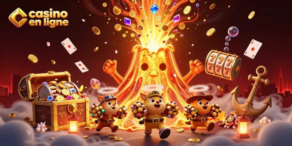 Jouer à des jeux de casino en ligne avec un volcan d'or triomphant et des trésors éparpillés.