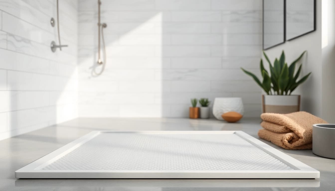 Piatto doccia moderno con superficie elegante e texture in un bagno elegante.