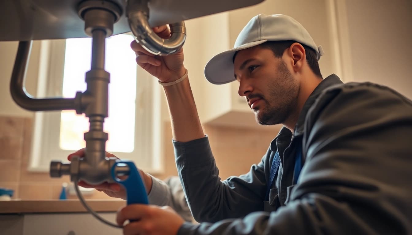 Plumber diagnosing plumbing knightdale issues under a kitchen sink, showcasing expertise and service