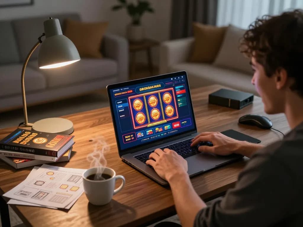 A player enjoys slot gacor gampang menang at a vibrant online casino setup with strategy notes and coffee.