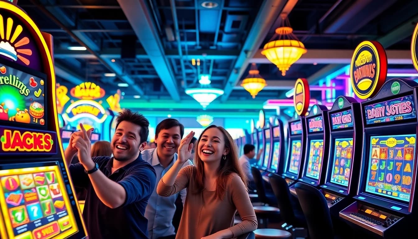 Walettoto menampilkan suasana bermain slot online yang meriah dengan pemain penuh semangat.