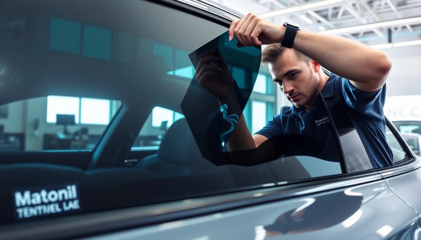Apply window tint near me with a professional technician in a modern garage.