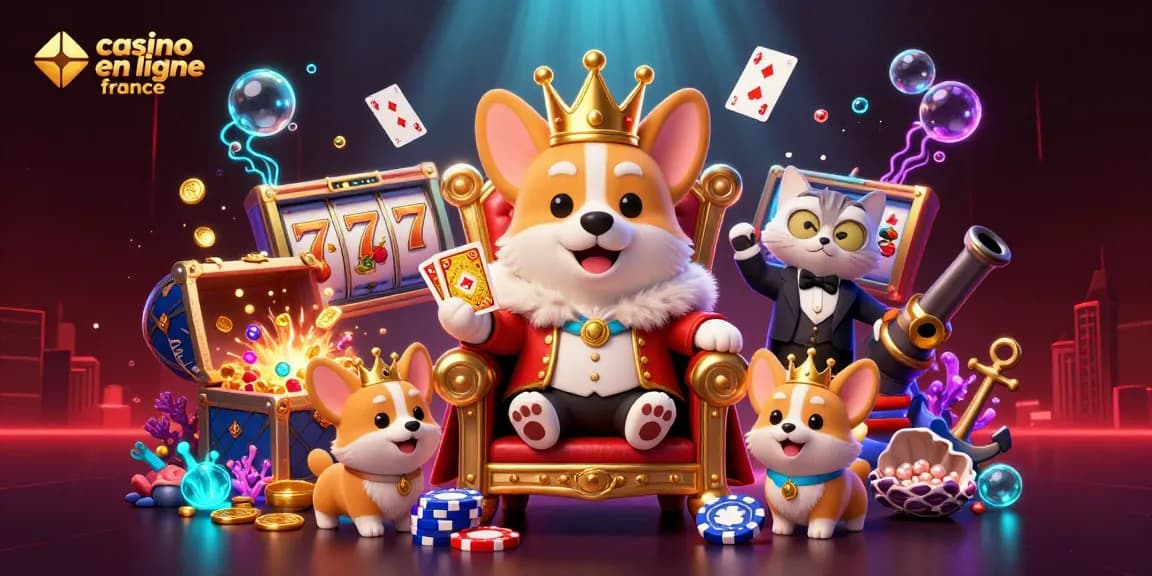 Casino en ligne France : roi corgi entouré de jeux de chance et de trésors sous-marins.