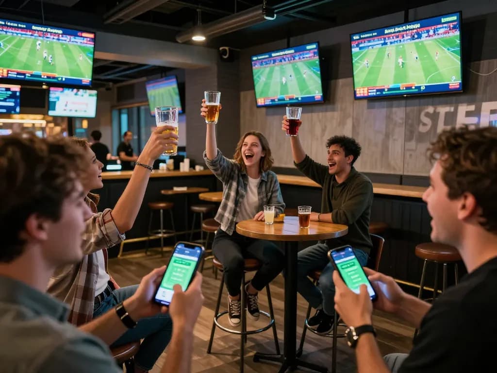 Engaged sports bettors analyzing gori77 betting odds on smartphones in a lively sports bar