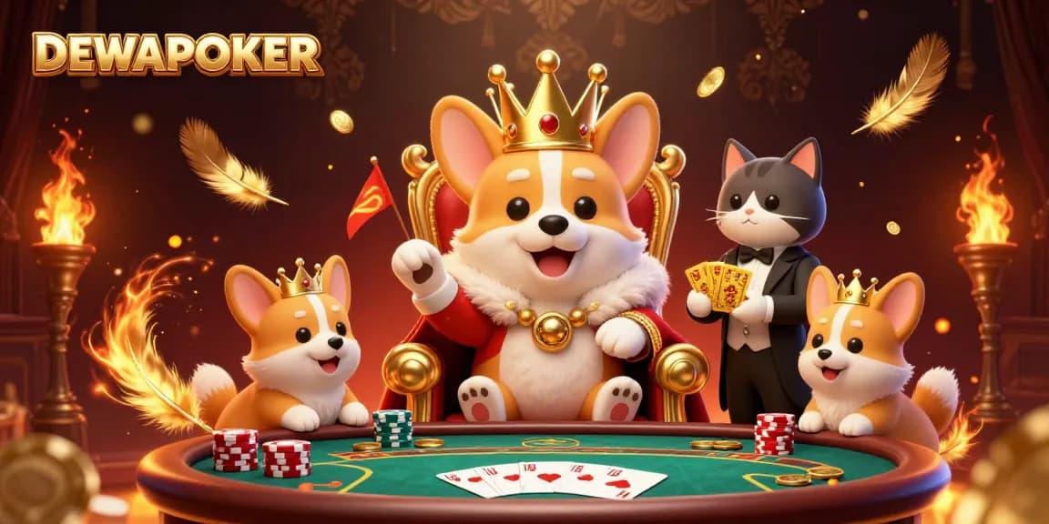 Engage with DEWAPOKER's vibrant scene showcasing a royal corgi on a poker chip throne amid golden game elements.