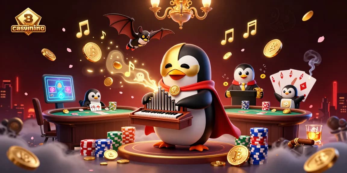 Une scène immersive de casino crypto, où un pingouin fantôme joue un orgue à pièces dorées tout en étant entouré de symboles de crypto.
