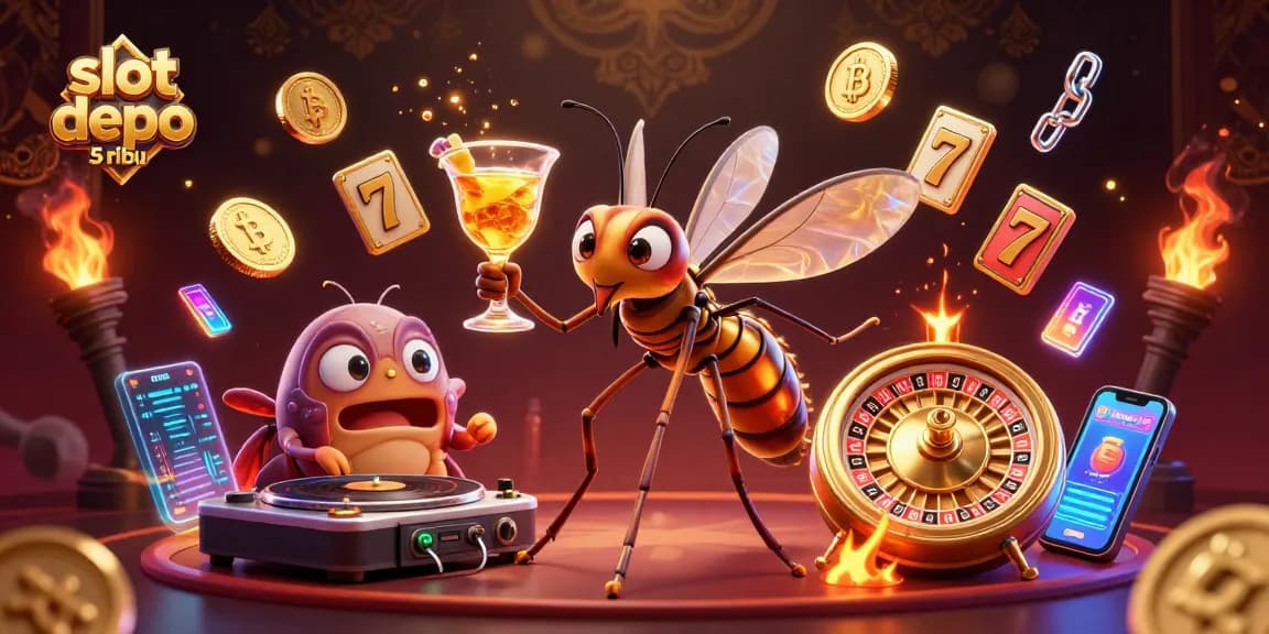 Engage in thrilling action at slot depo 5 ribu with a lively casino scene featuring 3D characters and vibrant game elements.
