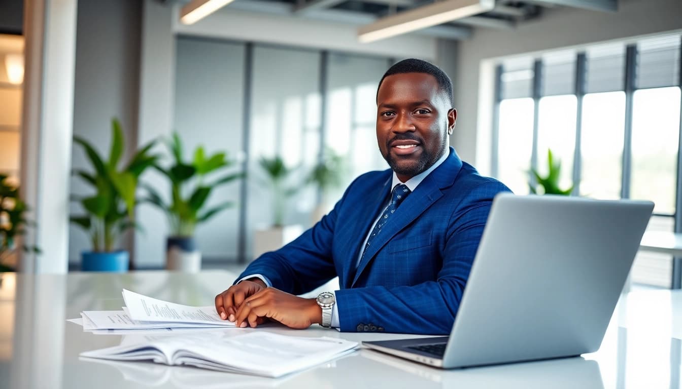 Engaging tax consultant in Kenya confidently reviewing financial documents in a modern office.