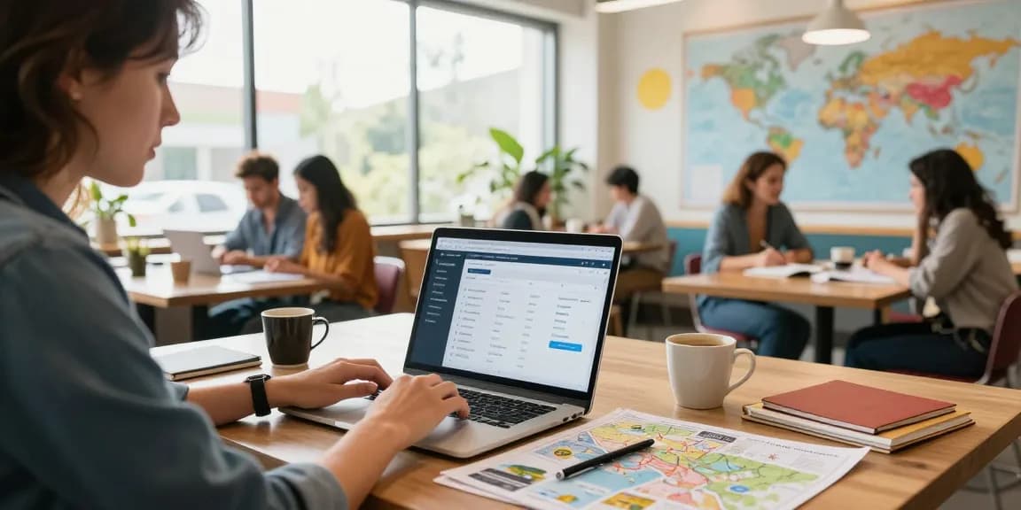 Host agency software user planning travel itineraries in a vibrant co-working space.