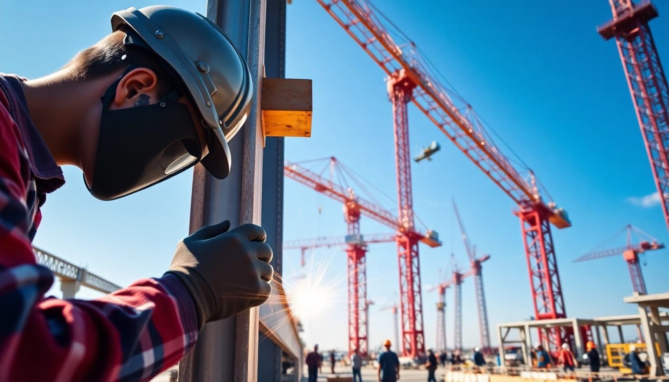 Dynamic scene of structural steel fabrication showing workers welding and assembling beams.