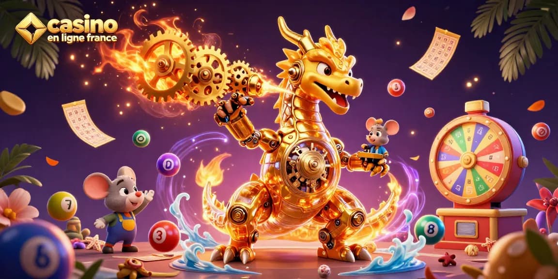 Jouez au casino en ligne France avec des jeux dynamiques illustrés incluant un dragon doré et des éléments de loterie.