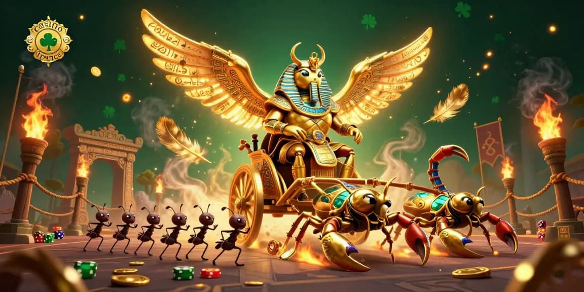 Découvrez une scène dynamique de casino en ligne France avec un scarabée en or et des jetons de poker.