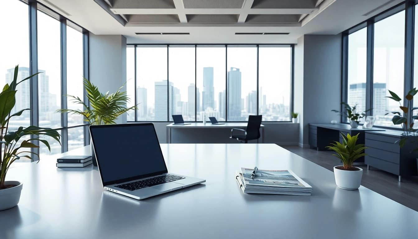 Engaging real estate office interior illustrates professionalism and contemporary design.