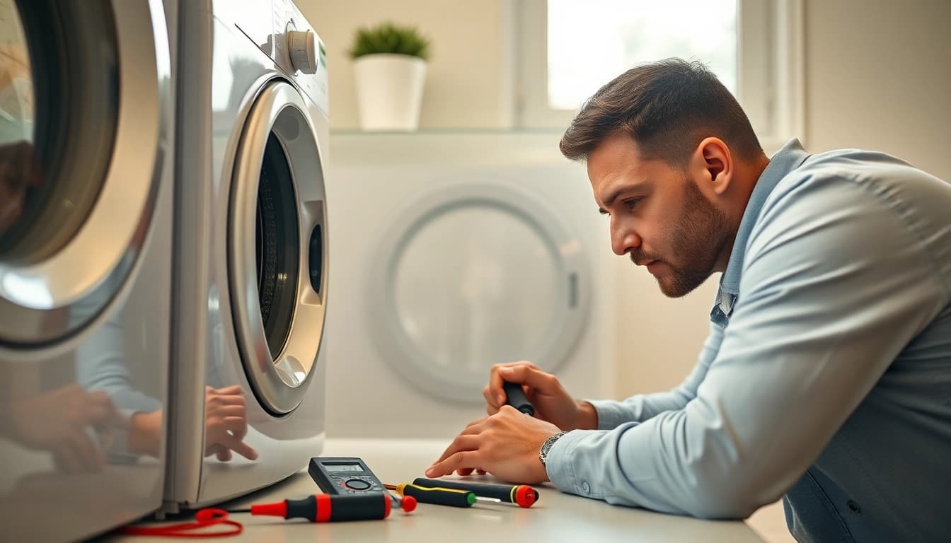 Fix washing machine with a technician inspecting and repairing in a clean laundry room.