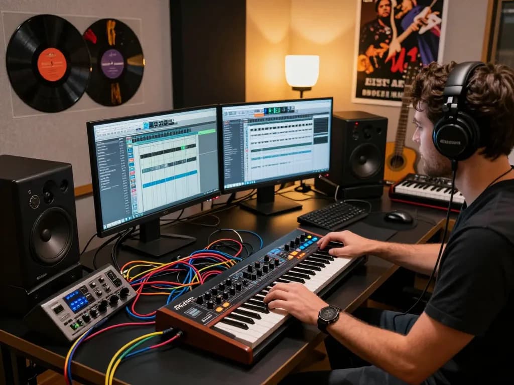 Musician at workstation with Roland SC88 sound module surrounded by digital tools and instruments