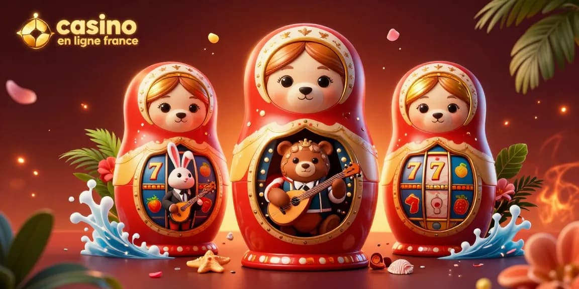 Illustration représentant des ours Matryoshka dans des tenues de croupiers pour un casino en ligne France
