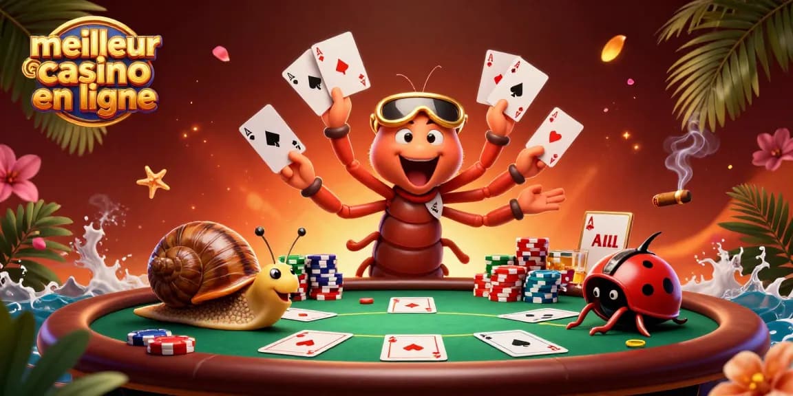 Une scène dynamique de jeu représentant le meilleur casino en ligne avec des personnages animés et des éléments de poker éblouissants.