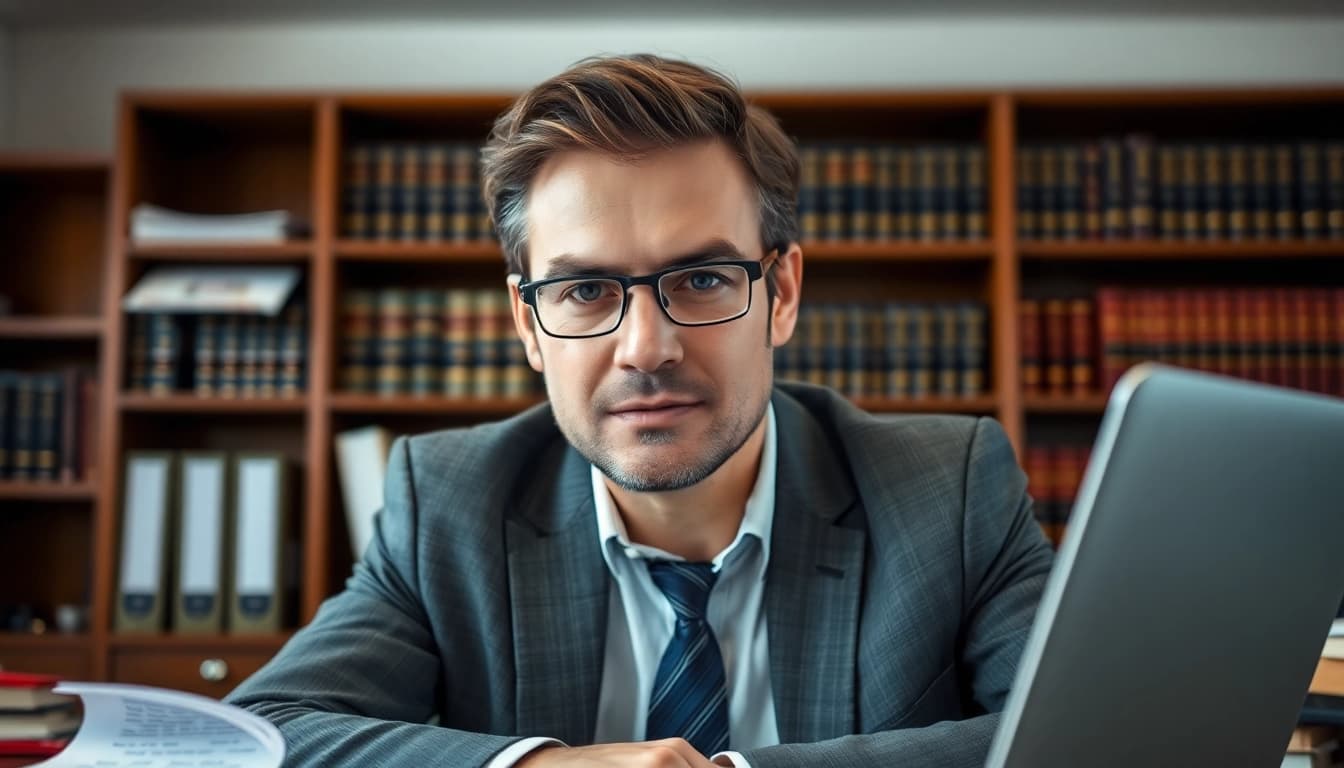Clearwater truck accident attorney in a professional office setting with legal books and documents.